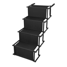 Foldable Dog Ramp 4 Step Collaspible Non Slip Stairs for Car Trucks SUV 176LBS Load Oxford Fabric Steel Ladders with Straps Tether Clip - Black